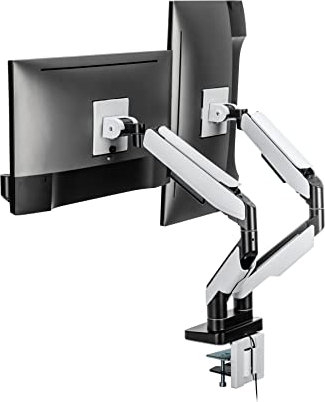 POUT - Eyes 19 Dual Heavy-Duty RGB Gaming Monitor Arm - Fully Adjustable Full Motion Tilt Swivel Rotate Desk Mount Stand - 20 RGB LED Colors - Holds 5-44lbs 17-35 Inch Per Display (White/Black)