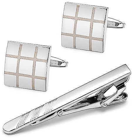 Gleamart Pince à cravate argentée pour homme - Boutons de manchette personnalisés