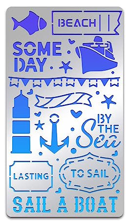 BENECREAT Sea Edelstahl-Schablone, Maritimes Abenteuer-Metal-Tagebuch-Vorlage Für Holzverbrennung, Gravur, Malerei, Scrapbooking, 4x7 cm