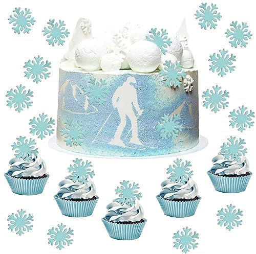 50 Stück Schneeflocken Blau Torten Deko, Winter Thema Cupcake Toppers, Frozen Torten Deko Kit, Party Kuchen Dekorationen für Winterkuchen, Weihnachten, Winter Thema Geburtstag (Blau)