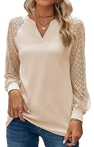 BAISHENGGT Baronin Tunika Damen V Ausschnitt T Shirt Raglan Spitzenärmel Bluse Shirts Lässige Elegante Streetwear Langarm Oberteil Tops Beige M