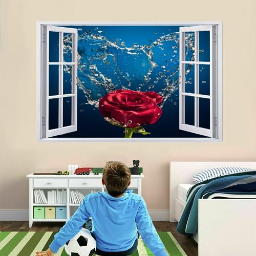 3D Wandtattoos Durchbruch Wandbild Rote Rose Selbstklebend Kinderzimmer Aufkleber Wandaufkleber Wasser Abnehmbare Wandsticker für Kinderzimmer Wohnzimmer Schlafzimmer Deko