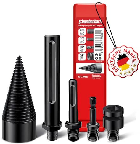 SCHWABENBACH ® Bohrkegel Holzspalter 42mm mit 4 Adapter - Präzises & schnelles Spalter für Holz - Kegelspalter - Brennholz Bohrer - kompatibel mit Bohrmaschine, Akkuschrauber uvm.