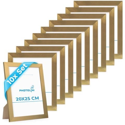 PHOTOLINI Bilderrahmen 20x25 cm Gold MDF-Holz, breite Rahmen, 10er Set, modern, bruchsicheres Acrylglas, zum Aufhängen & Aufstellen, extra Zubehör - für Ihre stilvolle Wanddekoration