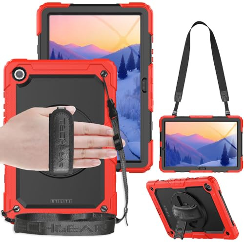TECHGEAR UTILITY Case fits Samsung Galaxy Tab A9 Plus 11 (SM-X210 / SM-X215) Tough Rugged HEAVY DUTY Armour Shockproof Impact Case with 360 Rotating Stand, Hand Strap & Shoulder Strap - Red