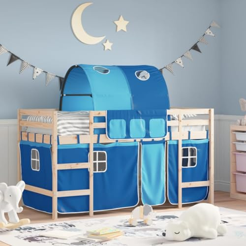 vidaXL Kinderhochbett, Hochbett mit Tunnel Vorhängen, Spielbett Bett für Kinder ab 6 Jahren, Kinderbett Etagenbett Stockbett, Blau 90x200cm Massivholz Kiefer