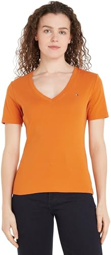 Tommy Hilfiger Camiseta de Manga Corta Mujer New Slim Cody con Cuello de Pico, Naranja (Autumn Orange), M
