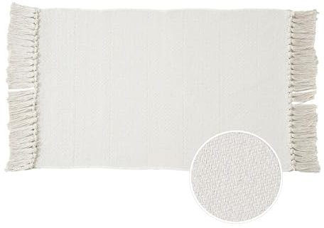 GIBZ Tappeto di Cotone Vintage Intrecciato Zerbino in Twill con Frange Lavabile per Camera Bagno Salotto, Bianco, 60x130cm