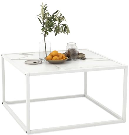 GIANTEX Couchtisch Marmor Optik, Kaffeetisch Teetisch mit Metallrahmen, Wohnzimmertisch Moderner Sofatisch, quadratischer Beistelltisch für Wohnzimmer, 70x70x40 cm (Weiß)