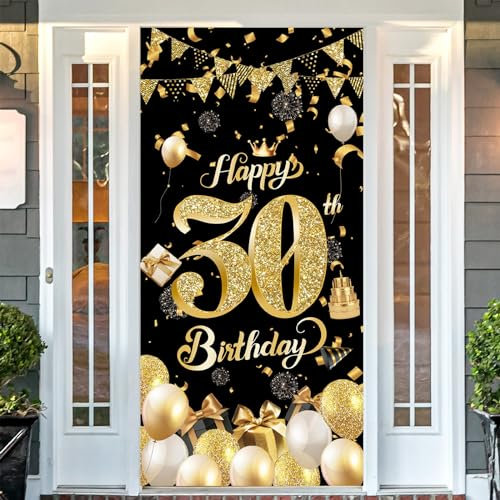POPOYU Banner 30 Geburtstag Mann,Banner 30. Geburtstag Schwarz Gold,Türbanner 30.Geburtstags,Deko 30.Geburtstags Mann und Frauen,Poster Hintergrund für Geburtstagsbanner, Hintergrunddekorationen