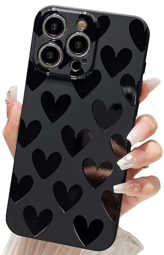 SmoBea Compatible with iPhone 15 Pro Max Case for Women, Heart Phone Case Cute Soft TPU Shockproof Full Camera Lens Protective Cover for iPhone 15 Pro Max 6.7 Inch - Black