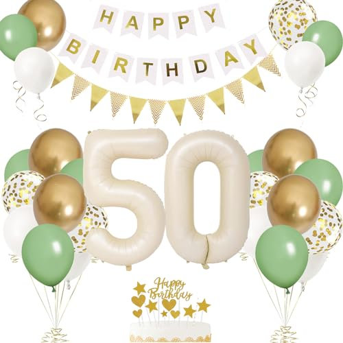50. Geburtstag Deko Beige, Luftballon 50. Creme, Weiß Creme Folienballon 50, Mädchen 50 jahre Luftballon deko Sandweiß, Zahl 50 Helium Luftballons Salbeigrün Weiß Ballons für Geburtstag Party Deko