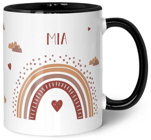 GRAVURZEILE Tasse für Kinder - im Regenbogen Design - Personalisiert mit Namen - Geschenk für Mädchen und Jungen zum Geburtstag - zur Kommunion und Konfirmation - Geburtstagsgeschenk - Schwarz & Weiß