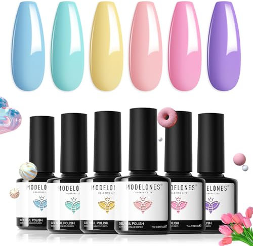 modelones UV Nagellack Pastell, 6 Farben Sommer Makronen Pastell Gel Nagellack,Rosa Blau Lila Grün Gelb Uv Lack für Frauen Nail Art Design Urlaub Maniküre Geschenkset Gellack uv DIY Salon