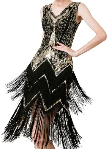 MUNAFIE 20er Jahre Kleid Pailettenkleider Fransenkleid V-Ausschnitt Glitzer Kleid für Damen 1920er Gatsby Charleston Flapper Party Kleider Kostüm Damen Schwarz/Gold-XL