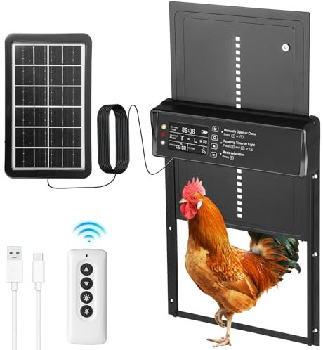 Elektrische HüHnerklappe Solar, Aluminum Automatische Hühnerklappe, Hühnerklappe Hühnertür mit Wasserdicht Großes Display, Lichtsensor, Fernbedienung, Anti-Pinch, Timer für Sichere Hühnerhaltung