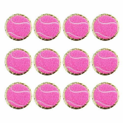 SaktopDeco 12 Stück rosa Tennisball-Aufnäher, goldene Kanten, Tennisball, zum Aufbügeln, Chenille-Flicken, Tennis-Applikation für Bastelarbeiten, Kleidung