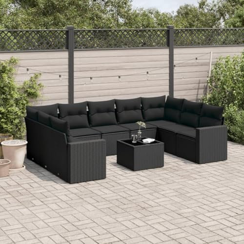 THOYTOUI 10-TLG. Garten-Sofagarnitur, Gartengarnitur Set Garden Furniture Sets Biergartengarnitur Gartenset Tisch und stühle Geeignet für Garten Veranda Terrasse Balkon mit Kissen Schwarz Poly Rattan