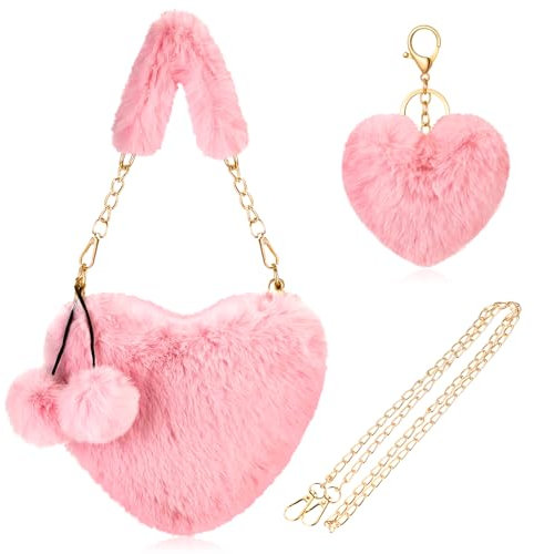 Abbylike Borsa a tracolla in pelliccia sintetica a forma di cuore, per donne e ragazze, per Halloween, Natale, San Valentino, Rosa