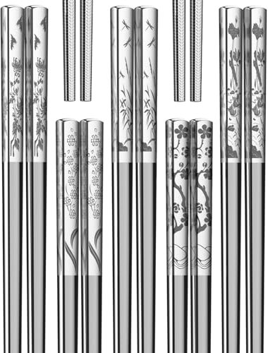 Metal Chopsticks Reusable 18/8 stainless steel Chopsticks 5 Pairs Classical Oriental Floral Dishwasher Safe Lightweight Non-Slip Chop Sticks 9 1/4 Inches Present Set