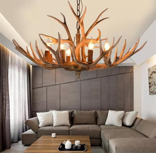 MEELRYD 220V 6 Licht Harz Geweih Kronleuchter, Kerze Type Hirschgeweih Lampe Innenbeleuchtung Lichter Vintage Stil Geweihlampe für Wohnzimmer Schlafzimmer Küche Esszimmer Bar