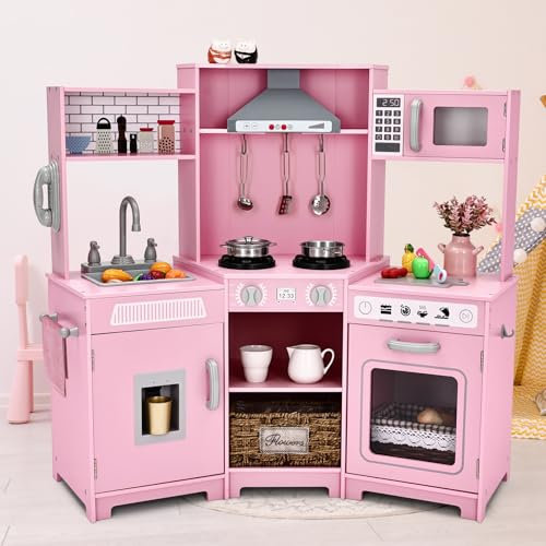 Kids Play Kitchen,Corner Wooden Pretend Toddler Kitchen Toys Playset,Realistic Lights & Sounds,Microwave Oven,Water Dispenser,Phone,Sink,Cooking Accessories,for Toddlers Ages 3+,Pink