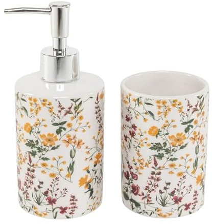 ROCKING GIFTS Badezimmer Set Blumen Seifenspender und Badezimmerbecher