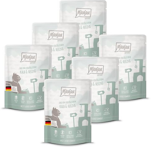 MjAMjAM - Premium Nassfutter für Katzen - Quetschie - DUO von vorzüglichem Kalb & Hering, 6er Pack (6x300g), getreidefrei