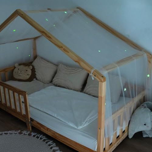 lilimaus Hausbett Himmel mit leuchtenden Sternen - Betthimmel Hausbett Deko - Geschenk Mädchen & Jungen - Himmelbett Vorhänge für 90x200 & 120x200 Kinderbetten - Leuchtsterne Kinderzimmer Deko