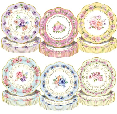 JLCFUTURE 48 PCS Floral Paper Plate Tea Party Plates for Birthday Party, Baby Shower, Afternoon Teas, Wedding Party Decorations Disposable Flower Paper Plate