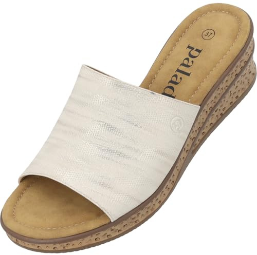 Palado Sandalen Damen Niserios – modische Pantoletten im schlichten Design - bequeme Sommerschuhe - elegante Hausschuhe mit Keilabsatz Gold Shiny UK9 - EU42