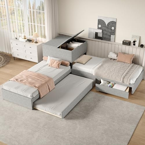 Modulares Eckbett aus grauem Leinen, bestehend aus zwei Einzelbetten 90 x 200 cm und einem Klappbett, mit Schränken und Schubladen, praktischer Stauraum, gepolstertes Design, Matratze nicht im Lieferu