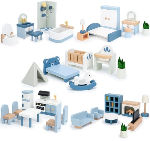 Ensemble de meubles en bois pour maison de poupée, 32 pièces, accessoires et meubles pour maison de poupée Sanlebi, meubles miniatures comprenant 5 kits de pièces, jouet de jeu d'imitation, cadeau pou
