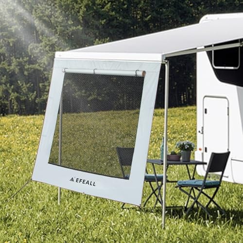 EFEALL Sonnenschutz Wohnmobil Vorderwand 2 x 4,8 m, UPF 50+ Schutz, Regenfest, mit Verstellbarem Panorama-Fenster(Stoff+Netz), Sunblocker Markise für Kederleisten mit Ø 5–7 mm, inkl. Montagezubehör