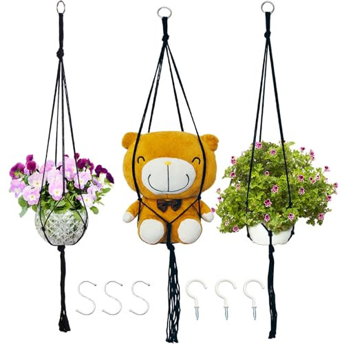 Macrame Plant Hangers Planter Flower Pots Holder 3 Pack Basket Stand Tassels with 6 Hooks Kit Cotton Rope for Decorative Indoor Outdoor Patio Garden Boho Home Décor (POTS NOT Included) (BLACK)