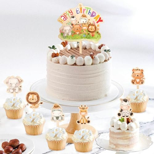 Tortendeko Dschungel Holz, Kuchendeko Tiere Junge Mädchen, Cake Topper Bunte Safari, Happy Birthday Torte Cupcake Muffin Deko Kindergeburtstag Party Baby Shower