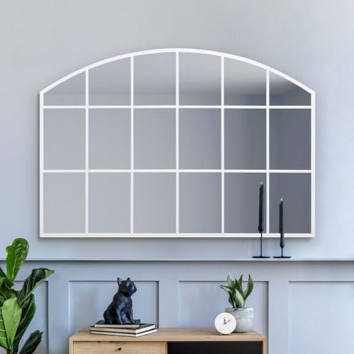 MirrorOutlet The Arcus - White Framed Modern Over Mantle Arched Wall Window Mirror 43 X 29 (110CM X 75CM) Silver Mirror Glass with Black All weather Backing.
