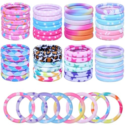 60 Stück Haargummis Mädchen, 4cm Farbige Nylon Haargummis mit Druck, Weiche und Bequeme für Tägliche Frisuren, Farbereich für Mädchen tägliche Kombination, Pferdeschwanz Haar