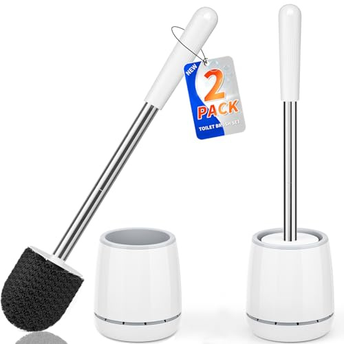 Toilet Brush, 2 PCS Toilet Brush and Holder with 304 Stainless Steel Handle, Space Saving Toilet Bowl Brush for Storage, Durable Bristles Toilet Scrubber for Bathroom Cleaning