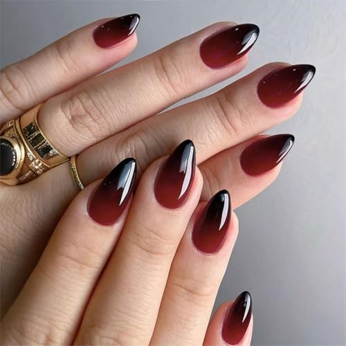 Halloween Press on Nails Short Almond, SXVME Ombre Red Black False Nails Press ons Short Stiletto, Dark Fake Nails Gradient Color Full Cover Reusable Soft Gel Stick on Nails For Women, 30 Pcs