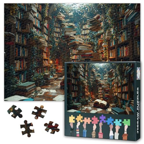 Verspielte Bibliothekspuzzles für Erwachsene, 1000 Teile, Magie der Fantasie und des Wissens, Puzzle für Buchliebhaber, Buchkunst-Fantasy-Bibliothekspuzzles, 20x27 Inch