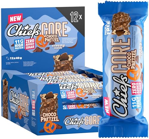 CHIEFS Protein Bars - Healthy Snacks - Delicious Protein Snacks with No Sugar Added & Low Carb - Chocolate Pretzel - Perfect-On-The-Go -12 x 40g