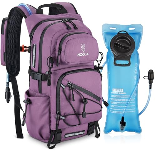 NOOLA Hydration Backpack with 3L Water Bladder - 25L Water Backpack for Hiking, Cycling, Running, Biking - Lightweight Hiking Pack Bag with Rain Cover, Phone Holder and Trekking Pole Holders, Purple