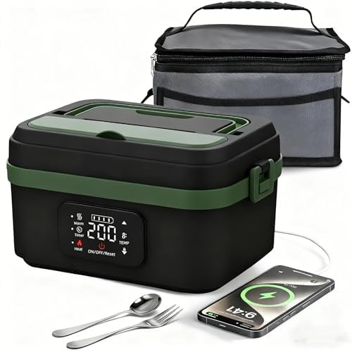 YUZINO Elektrische Lunchbox Erwachsene, 1L Beheizte Brotdose Zeitsteuerung & Warmhaltefunktion, 8000mAh Batteriebetriebene Heizbox mit Isoliertasche & Gabel & Löffel für Büro, Baustelle, Auto (Grün)