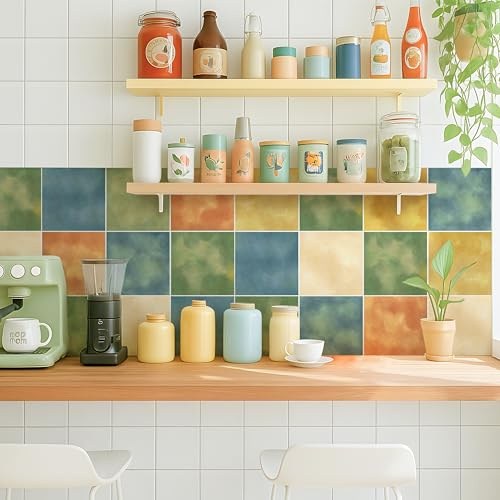 Alwayspon Selbstklebende Vinyl-Aufkleber für Badezimmer, Küche, Boden, Wand, Grün, Blau, Orange, Gelb, 20 x 20 cm x 25 Stück