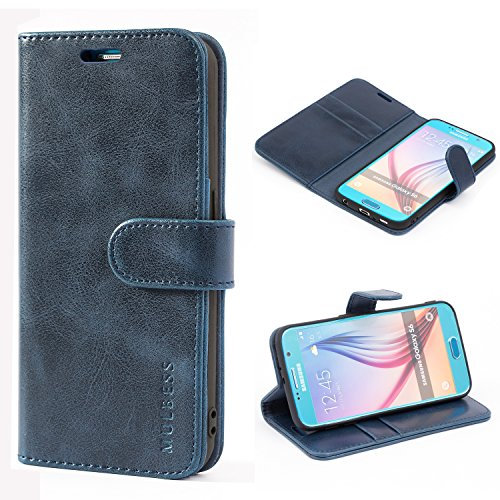 Mulbess Handy-Hülle für Samsung Galaxy S6 Schutzhülle, Magnet Handyhülle Leder, Flip Wallet Cover, Kartensteckplatz, Vintage Dunkel Blau