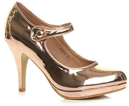 AJVANI mid high Heel Mary Jane Strap Evening Court Shoes Pumps Size 7 40 Rose Gold Metallic