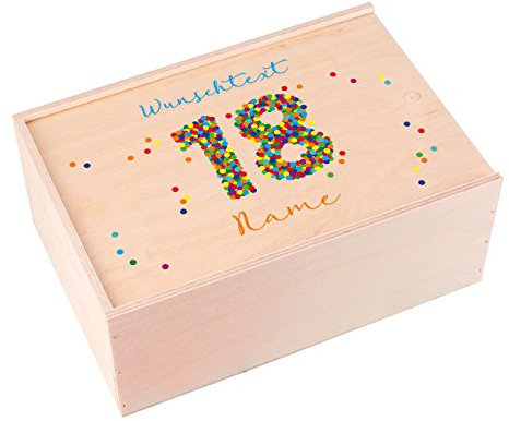Herz & Heim® Holzkiste als Geschenkverpackung zum 18. Geburtstag mit Wunschtext und Namensaufdruck