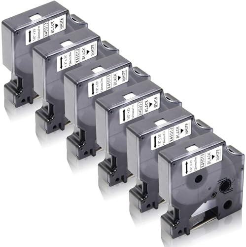 6x XemaX Schriftbänder Kompatibel für Dyno Etikettenband 12mm x 7m D1 45013 A45013 S0720530 für Dyno Beschriftungsgerät Dyno Label Manager 160 280 210D 360D 420P LabelPoint 100 200, Schwarz auf Weiß