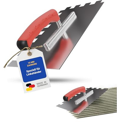 Karl Dahm Truelle Dentée pour Gauchers 15 mm, 13 x 28 cm I Truelle à Carrelage Inoxydable Denture de 15 mm I Truelle avec Poignée Ergonomique Souple I Réalisation Facile des Surfaces Collées – 13644